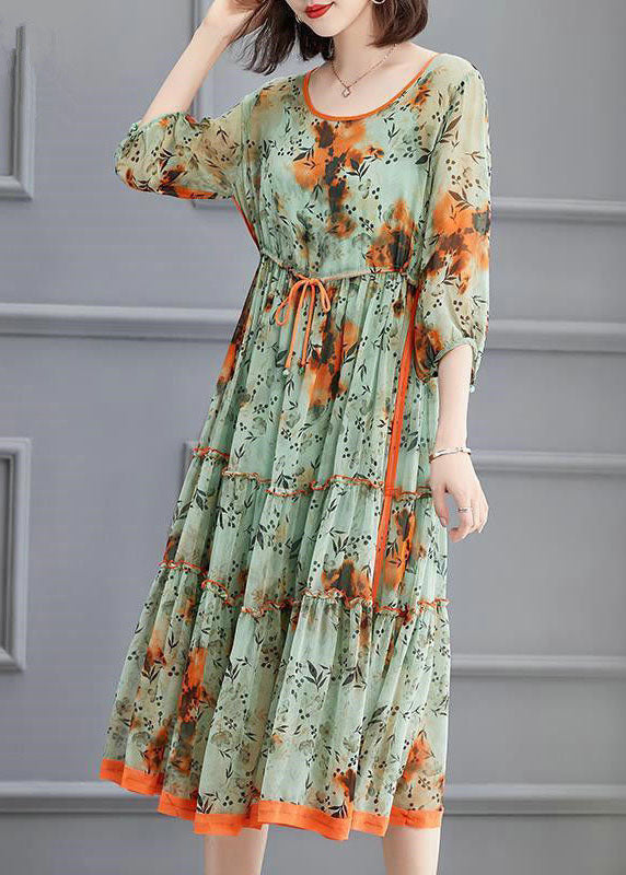 Light Green O-neck Tie Waist Wrinkled Silk Dress Spring
