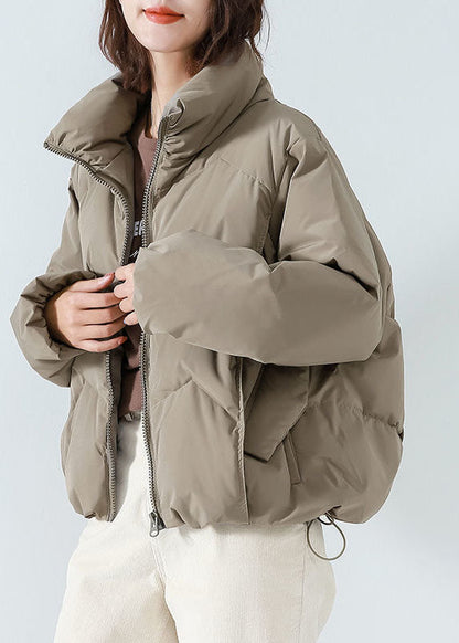 Khaki Cotton Blend Puffer Jacket Stand Collar Zip Up Drawstring Long Sleeve