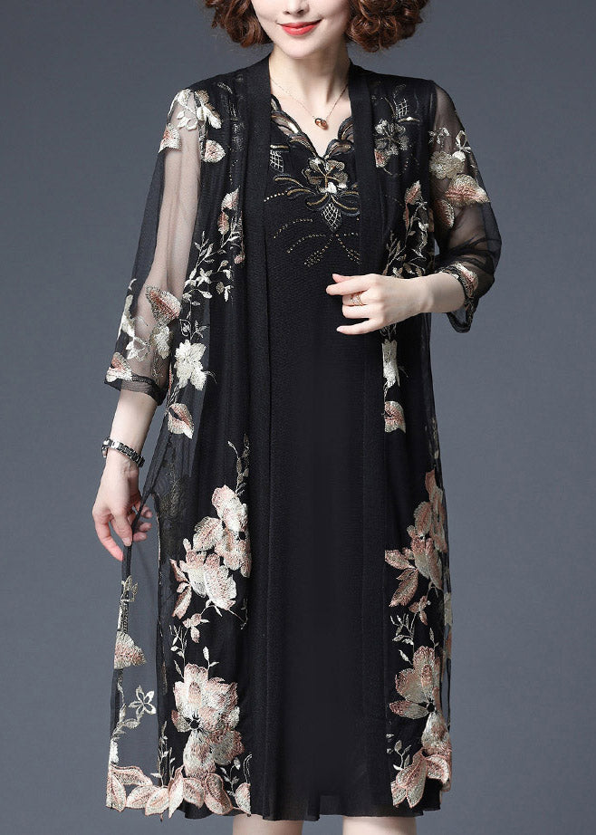 Yellow Embroideried V Neck Tulle Cardigans and Tank Dress Two Piece Set Half Sleeve
