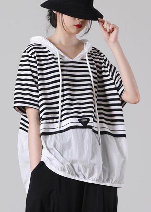Italian Black Striped Hooded Cotton Top Summer