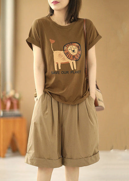 Stylish Khaki Elastic Waist Pockets Color Cotton Wide Leg Shorts Summer