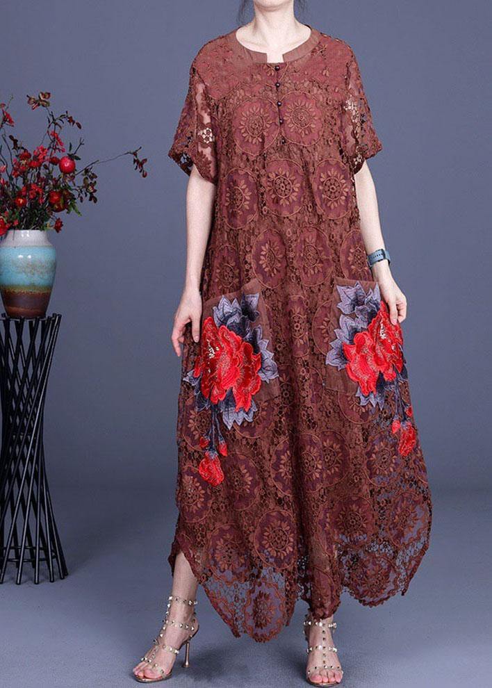 Diy Chocolate Embroideried Pockets Lace Button Summer Dresses