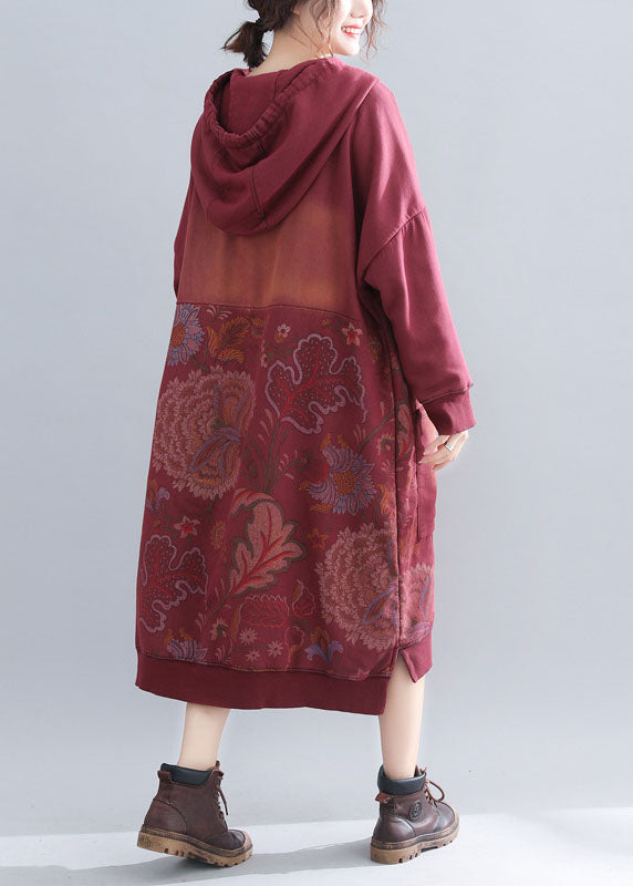 Classy Red Print Patchwork Sweatshirts Dresses Spring