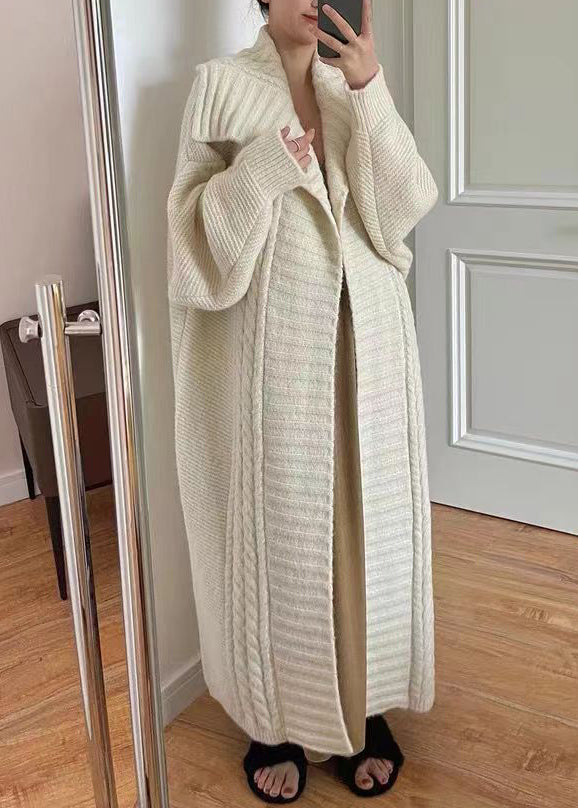 Beige Peter Pan Collar Cozy Cotton Knit Long Cardigan Long Sleeve