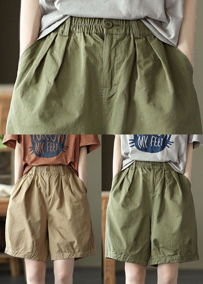 Khaki Pockets Cotton Overalls Shorts Elastic Waist Summer