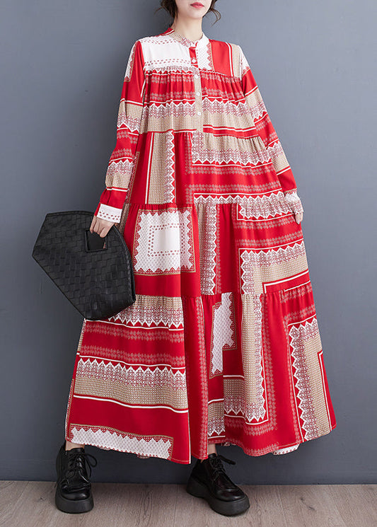 Colorblock Stand Collar Print Asymmetrical Patchwork Robe Dresses Spring