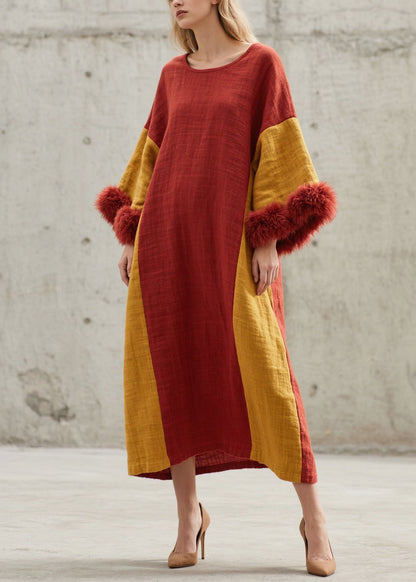 Colorblock O Neck Fuzzy Fur Patchwork Cotton Long Dresses Fall