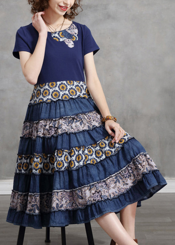 Blue O-neck Patchwork Cotton Vacation Pleated Dresses Short Sleeve