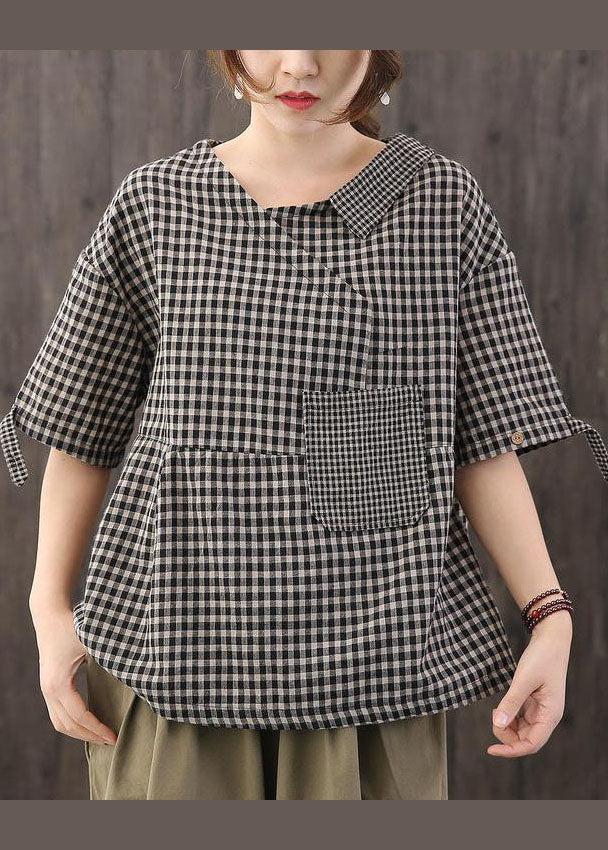 Black Asymmetrical Plaid Cotton Blouses Half Sleeve