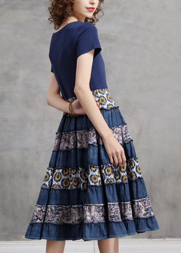 Blue O-neck Patchwork Cotton Vacation Pleated Dresses Short Sleeve