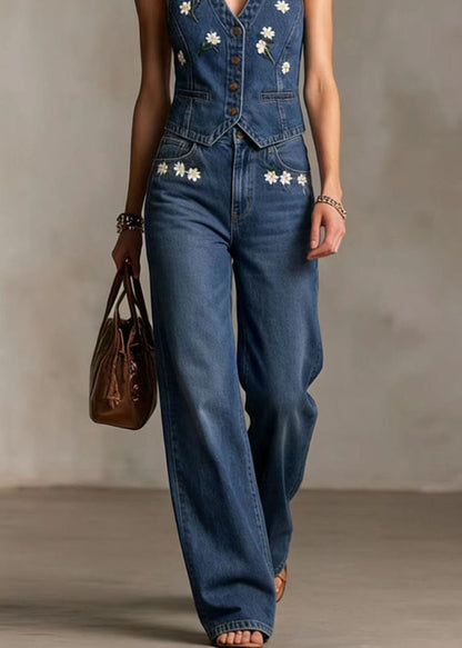 Blue V Neck Embroidered Denim Two Pieces Set Summer