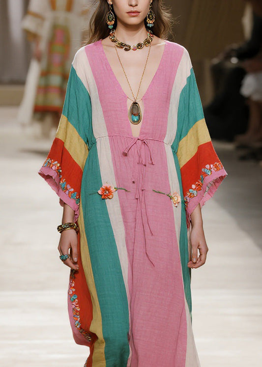 Colorblock V Neck Cotton Long Dresses Summer