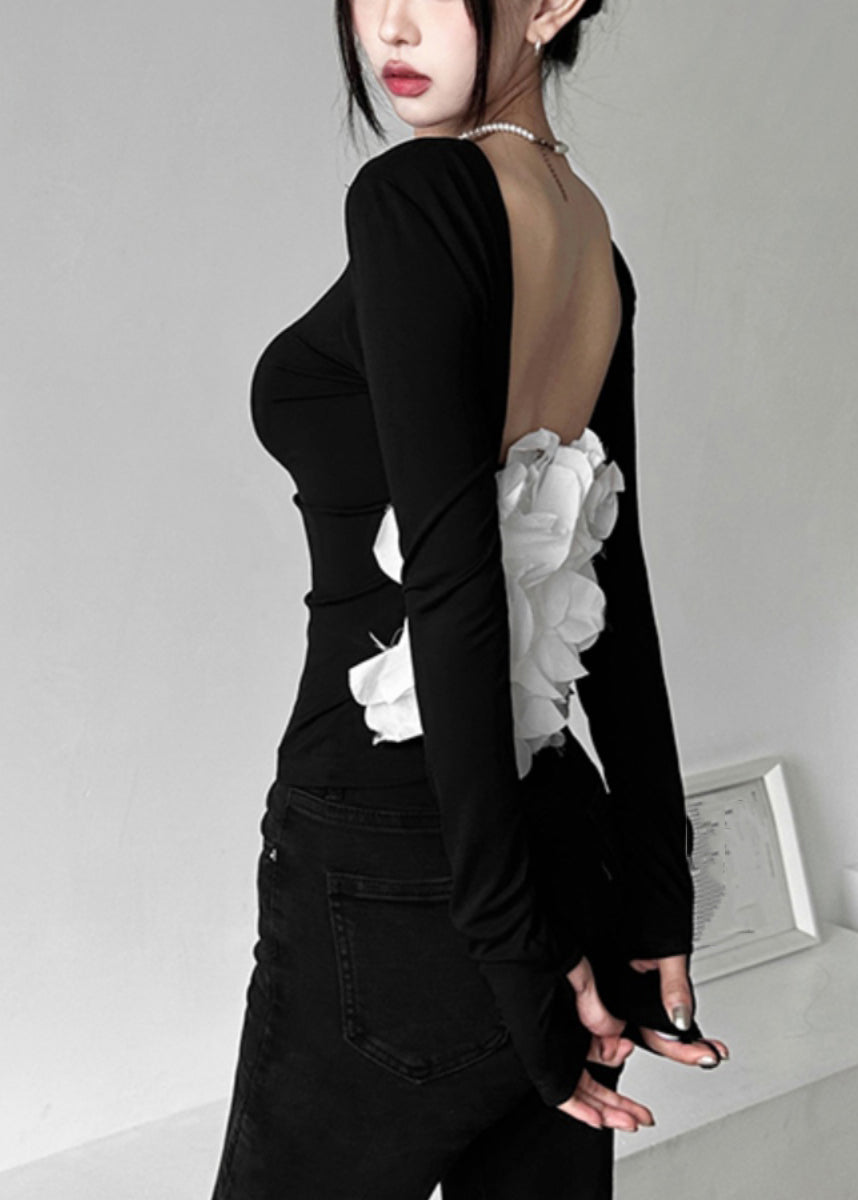 Black Patchwork Hollow Out Backless Top Fall
