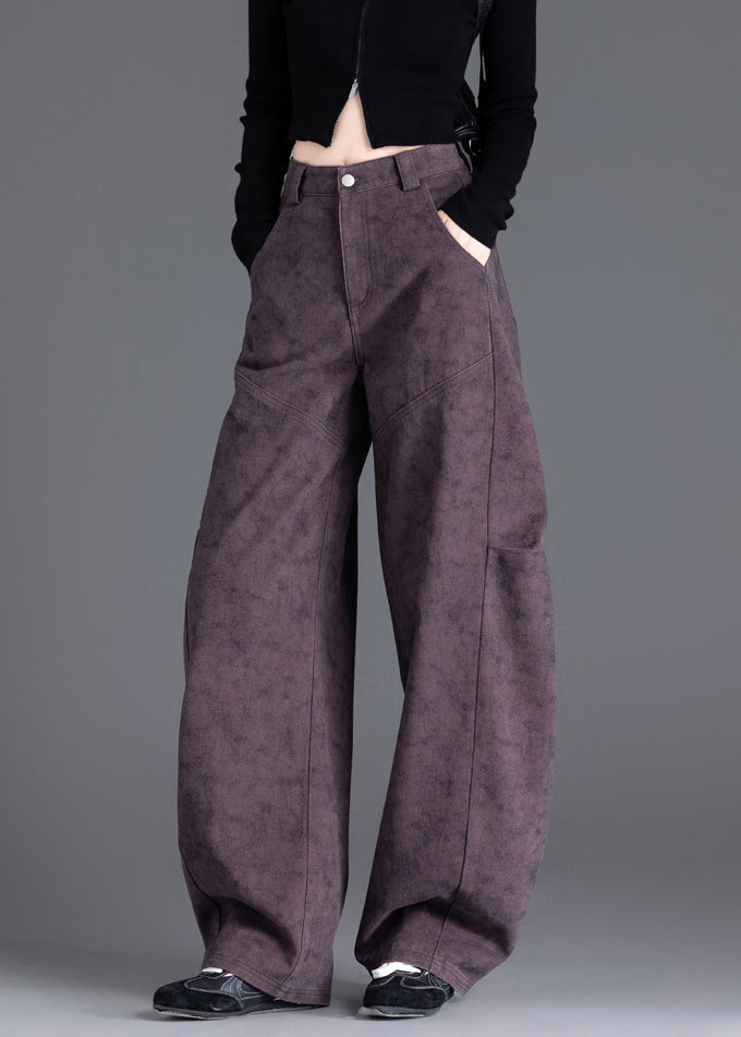 Purple Pockets Print Wrinkled Denim Pants Spring