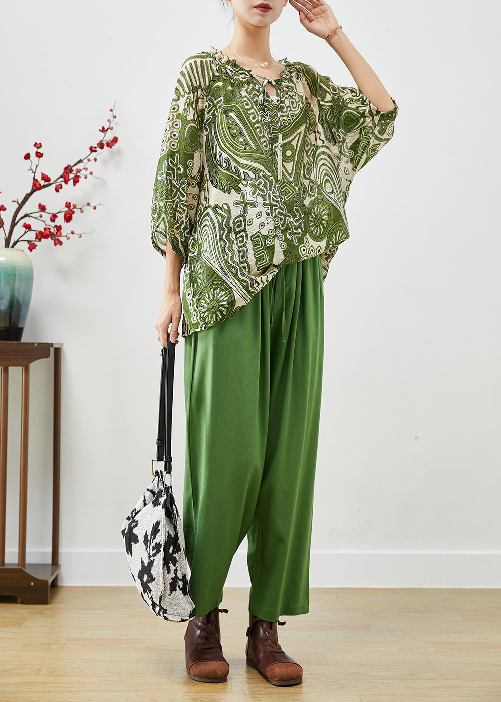Green Ruffled Print Linen Two-piece Set Fall