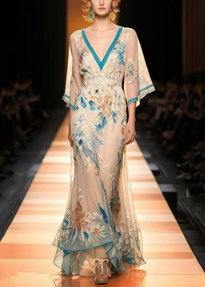 New Retro Apricot Print Chiffon Long Dress Flare Sleeve Summer