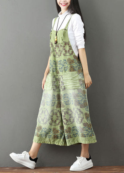 French Green Pockets Print Wide Leg Jumpsuit Spring