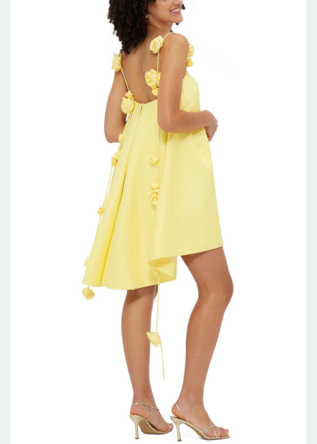 New Yellow Flower Decorated Vacation Dress