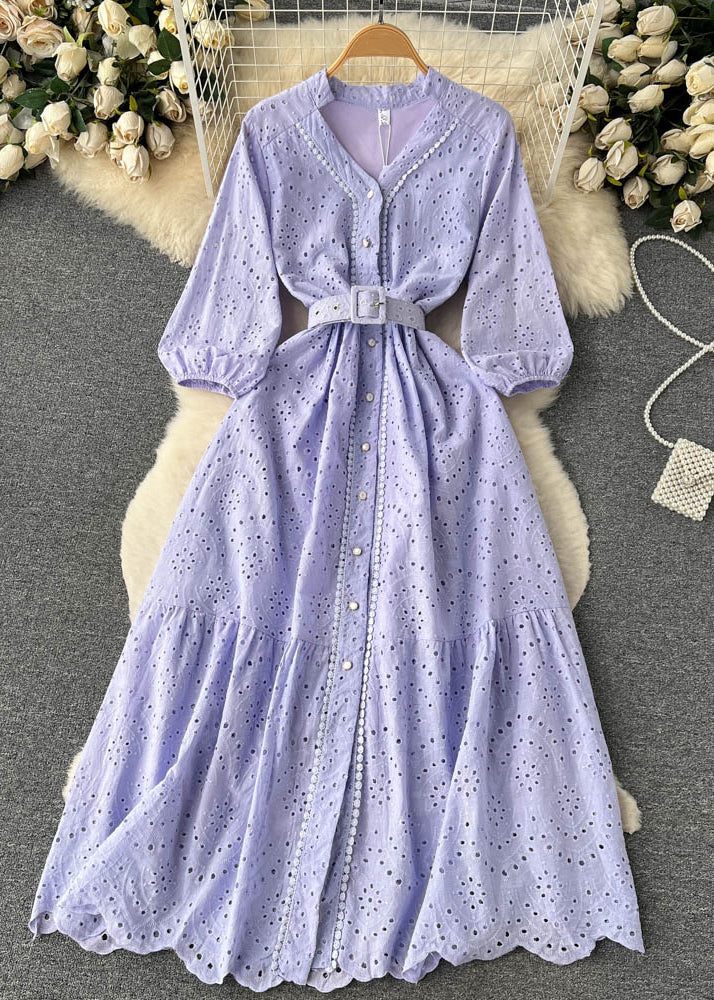 Purple Button Hollow Out Cotton Shirts Dress Long Sleeve