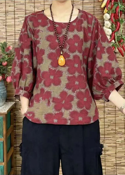Red O-neck Oversized Print Linen Shirt Bracelet Sleeve