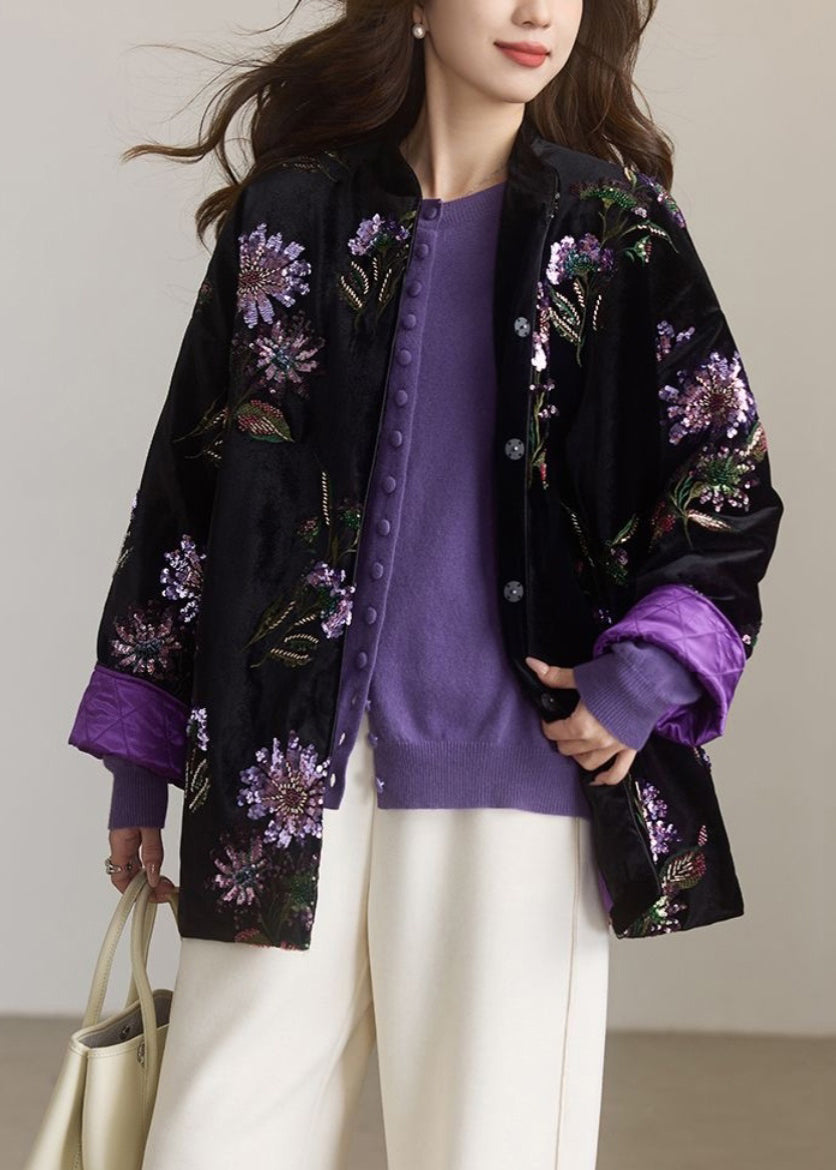 Chinese Style Black Embroidered Sequins Fine Cotton Filled Coat Spring