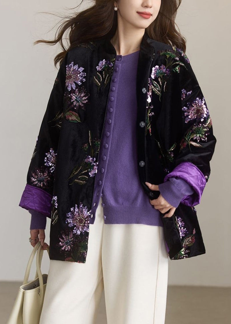 Chinese Style Black Embroidered Sequins Fine Cotton Filled Coat Spring