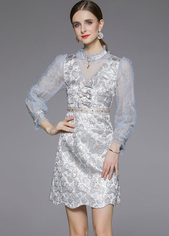 Light Blue Bow Jacquard Patchwork Tulle Party Dress Fall