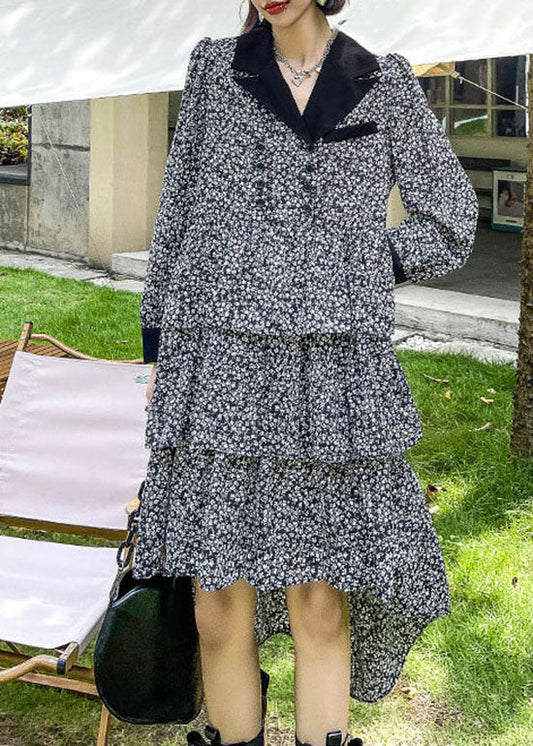 French Colorblock Low High Design V Neck Print Patchwork Silk Mid Dress Spring