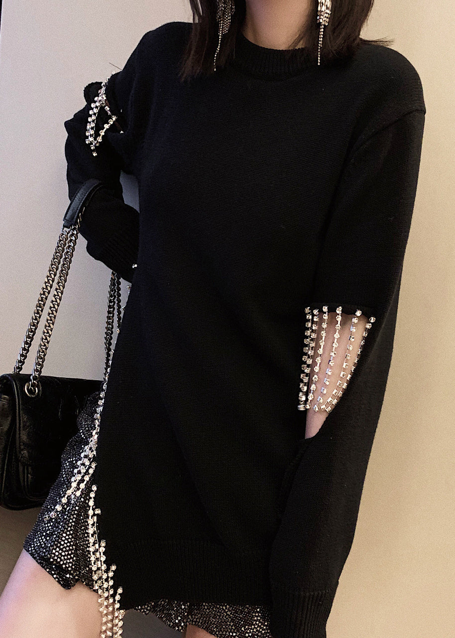 Black Tasseled Hole Patchwork Cotton Knit Sweaters Long Sleeve