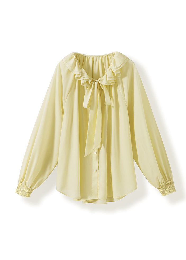 Yellow Ruffled Lace Up Cotton Blouse Tops Fall