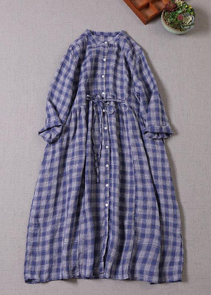 Style Blue Grey Plaid Pockets Cinched Tie Waist Fall Patchwork Robe Dresses Long Sleeve