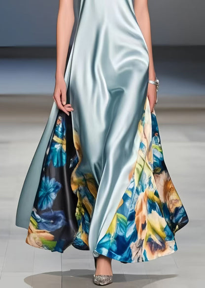 Light Blue Print Exra Large Hem Silk Cami Dress Summer