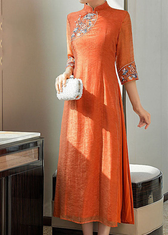 Orange Embroideried Side Open Silk Dresses Summer