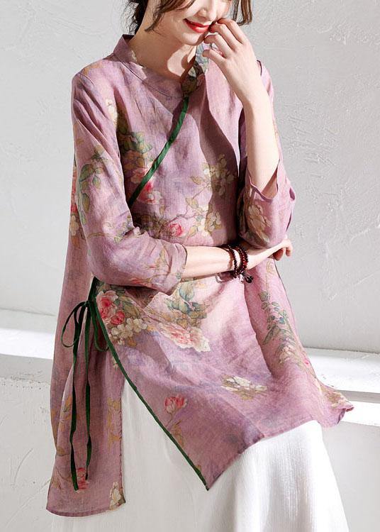 Light Purple Print Tie Waist Asymmetrical Design Spring Summer Ramie Shirt
