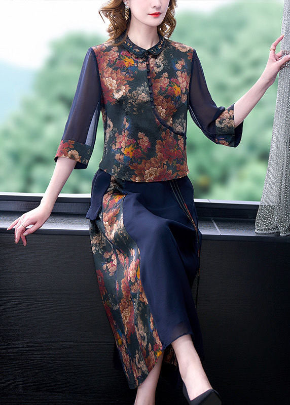 Modern Blue Patchwork Print Silk Tops and Skirts Outfits Summer