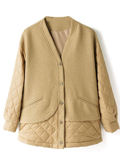 Simple Khaki V Neck Patchwork Fine Cotton Filled Witner Coats