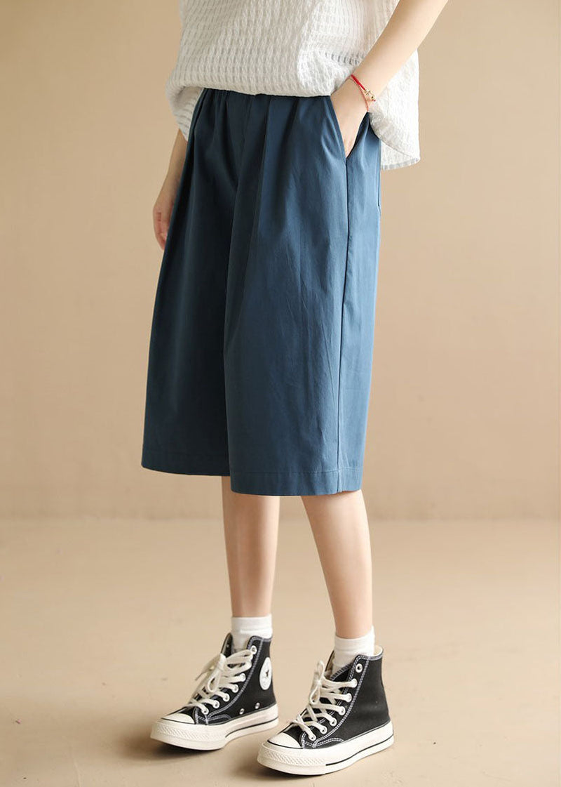 Blue Elastic Waist Pockets Cotton Shorts Summer