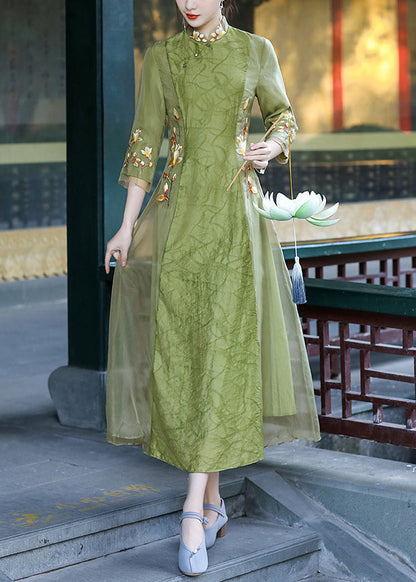 Green Stand Collar Embroideried Button Tulle Silk Dress Long Sleeve