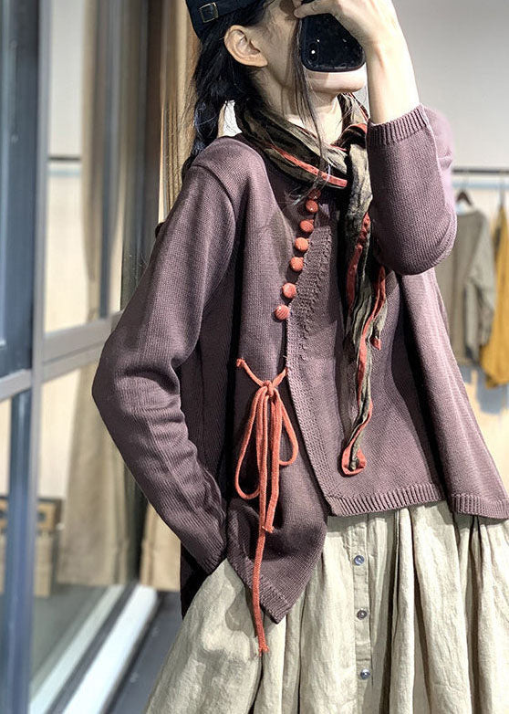 Chocolate O-neck Button Asymmetrical Design Fall Sweater