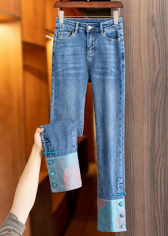 Blue Patchwork Pink High Waist Straight Jeans