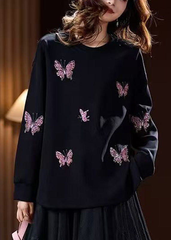 Unique Black O-neck Butterfly Embroidered Pullover Spring