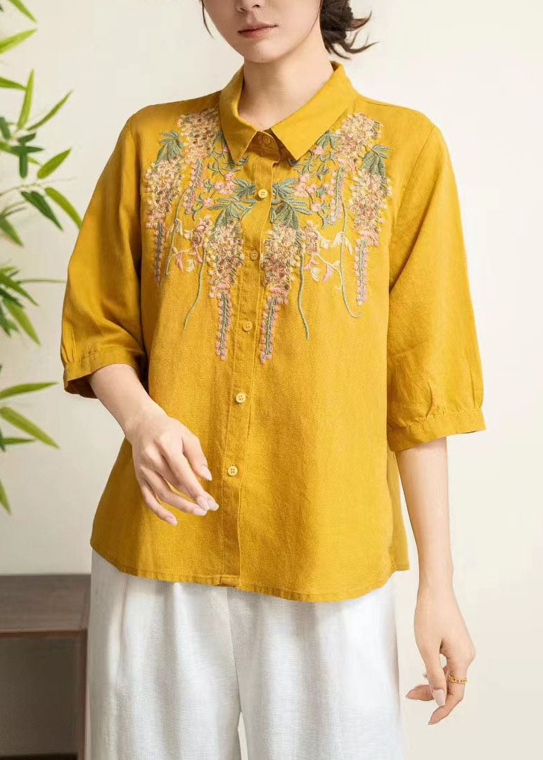 Yellow Peter Pan Collar Embroidered Linen Shirt Tops Summer