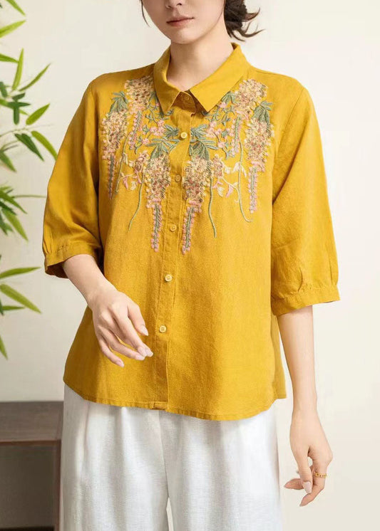 Yellow Peter Pan Collar Embroidered Linen Shirt Tops Summer