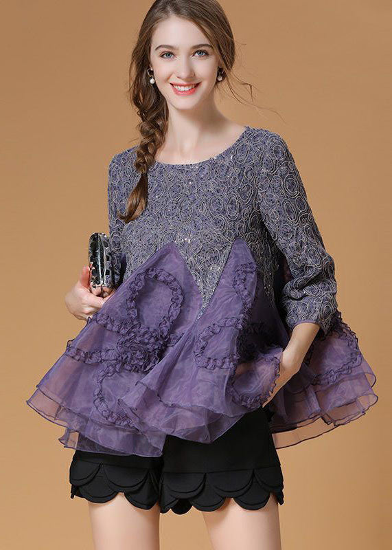 Purple Ruffled Patchwork Organza Shirt Top Bracelet Sleeve