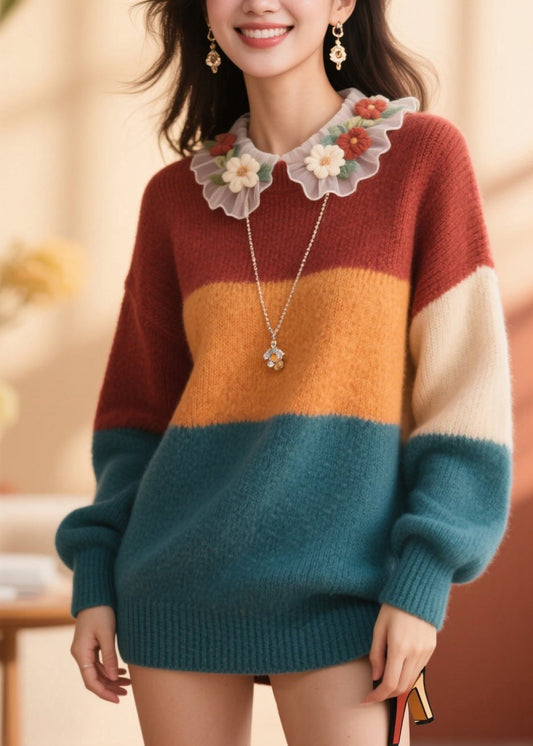 Style Colorblock O Neck Patchwork Knit Pullover Fall