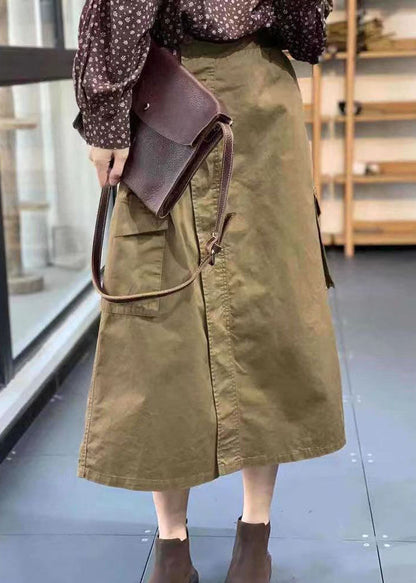 Khaki Button Pockets Patchwork Cotton Skirt Fall