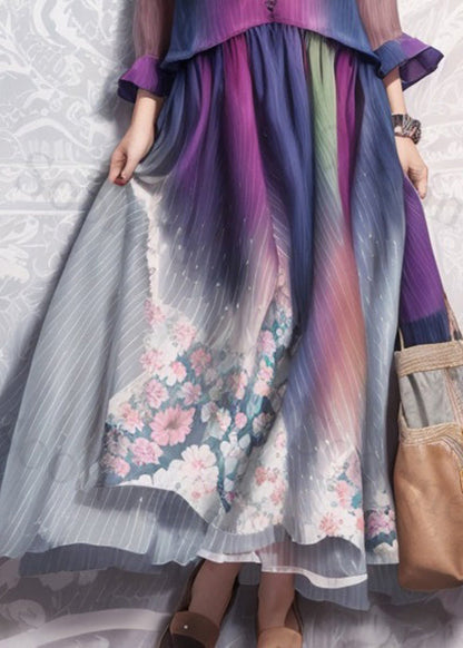 Stylish Gradient Color V Neck Print Silk Dress Long Sleeve