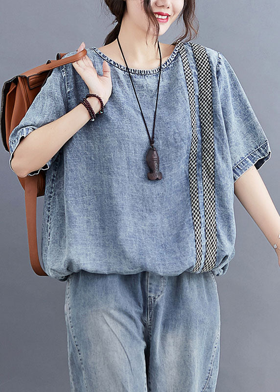 Blue O Neck Plaid Patchwork Denim T Shirt Top Summer