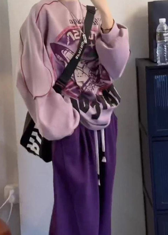 Purple O-neck Print Pullover and Beam Pants Two Piece Set Fall