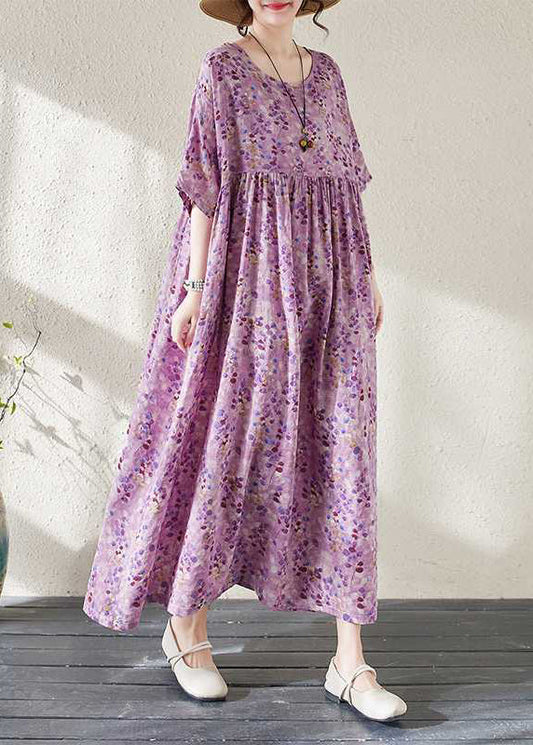 Purple Print Patchwork Ankle Dress Half Sleeve